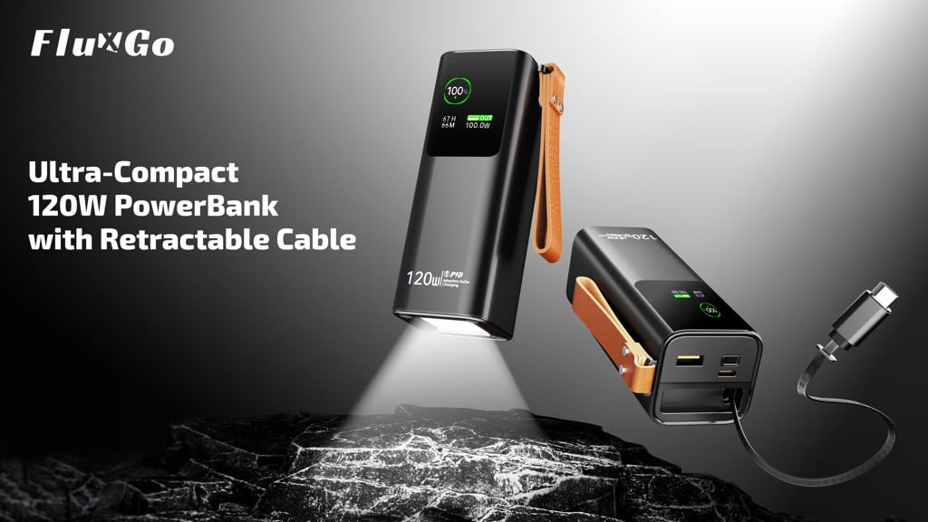 FluxGo: Ultra-Compact 120W Power Bank with Retractable Cable