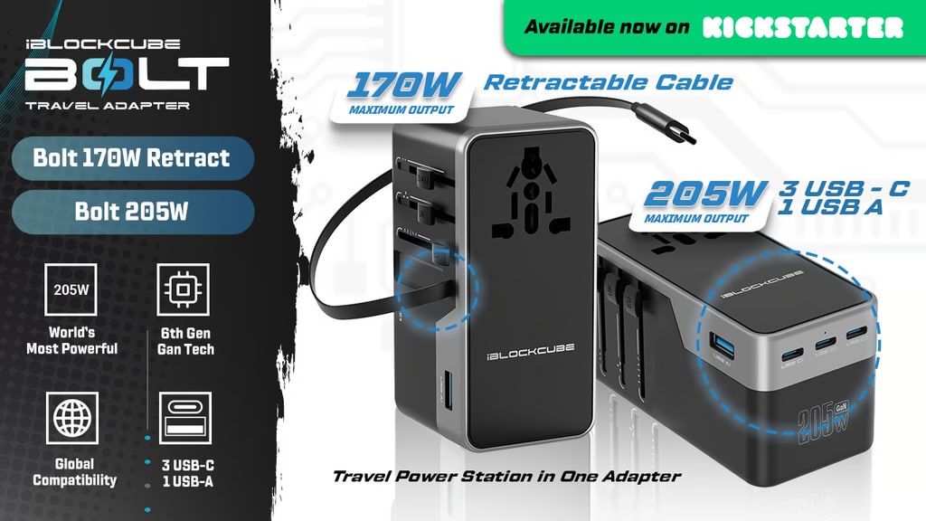 Bolt 205W and 170W | Travel Adapter with Retractable Cable